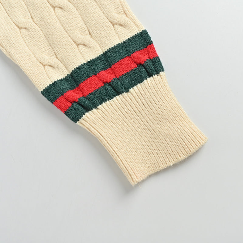 Gucci Ivory Ladder-Stitch Knit Crewneck Sweater with Heritage Stripe Trim