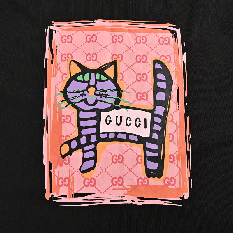 Gucci Black GG Monogram Frame Striped Cat Crayon Graphic Tee