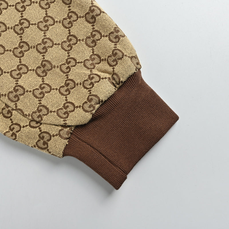 Gucci Beige GG Monogram Jacquard Full-Zip Stand Collar Harrington Bomber Jacket