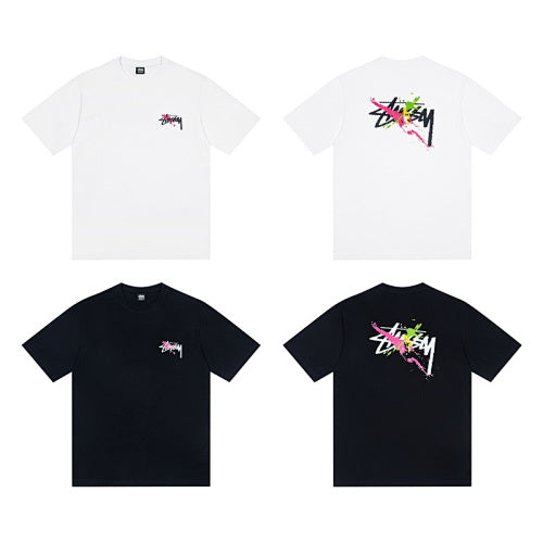 Stussy Paint Splatter Script Logo Print Crew Neck Short Sleeve T-Shirt