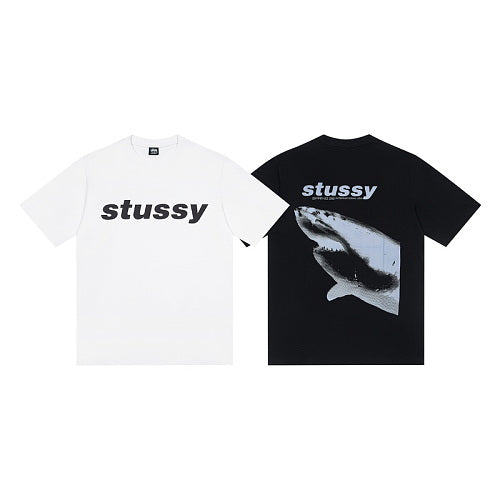 Stussy Shark Letter Graphic Print Crew Neck Short Sleeve T-Shirt