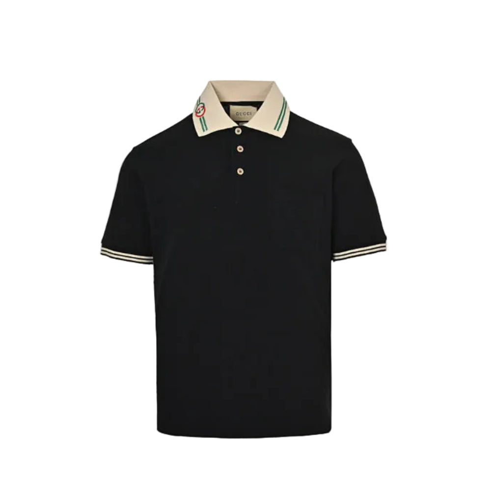 Gucci Black Piqué Contrast Collar GG Monogram Embroidered Stripe Tipped Polo Shirt