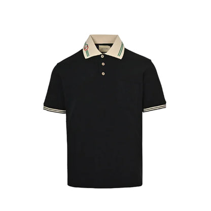 Gucci Black Piqué Contrast Collar GG Monogram Embroidered Stripe Tipped Polo Shirt