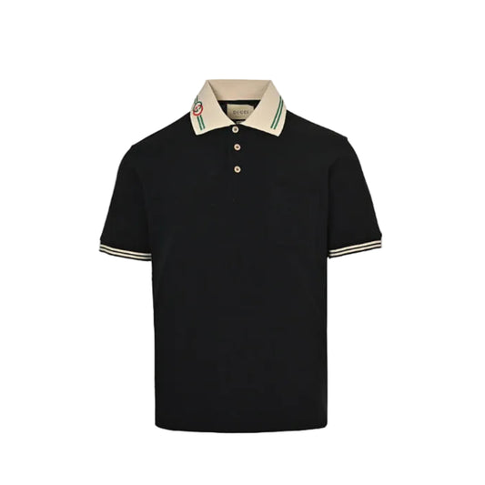 Gucci Black Piqué Contrast Collar GG Monogram Embroidered Stripe Tipped Polo Shirt
