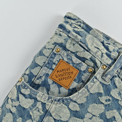 Louis Vuitton Leopard Jacquard Wide-Leg Jeans — Blue Grey