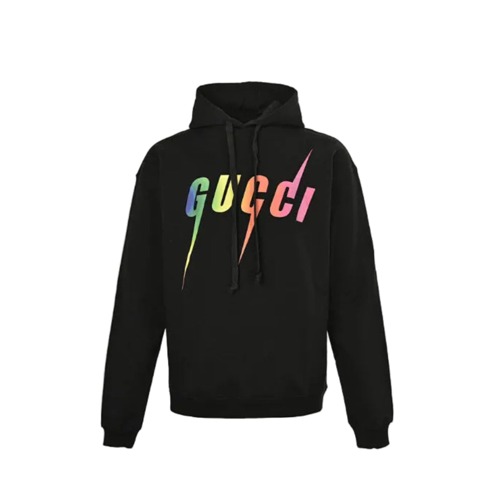 Gucci Black Heavyweight Cotton Hoodie with Rainbow Gradient Wordmark Print