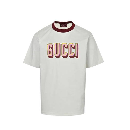 Gucci Off-White Burgundy Rib Collar 3D Block Wordmark Heavyweight Tee