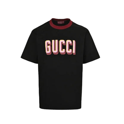 Gucci Black Burgundy Rib Collar 3D Block Wordmark Heavyweight Tee