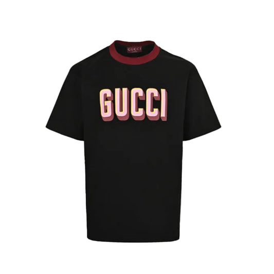 Gucci Black Burgundy Rib Collar 3D Block Wordmark Heavyweight Tee