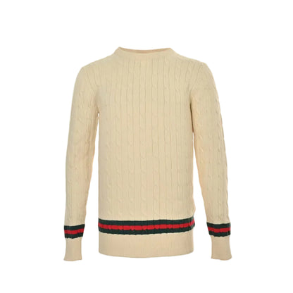 Gucci Ivory Ladder-Stitch Knit Crewneck Sweater with Heritage Stripe Trim