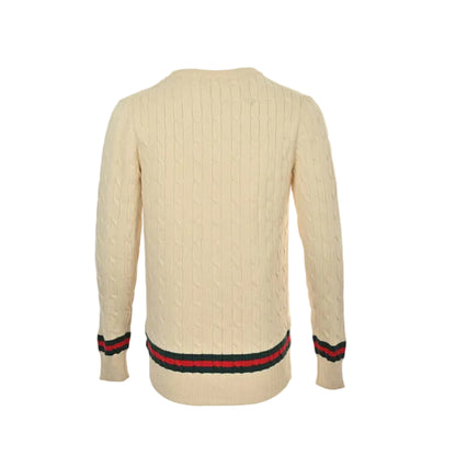 Gucci Ivory Ladder-Stitch Knit Crewneck Sweater with Heritage Stripe Trim
