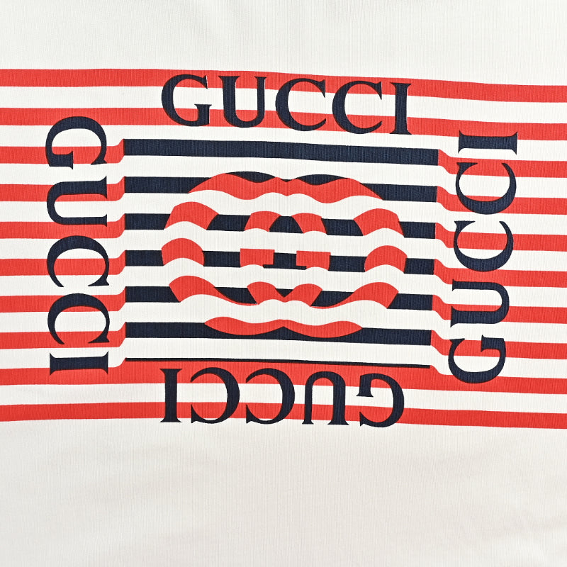 Gucci White Navy Stripe Monogram Wave Graphic Tee
