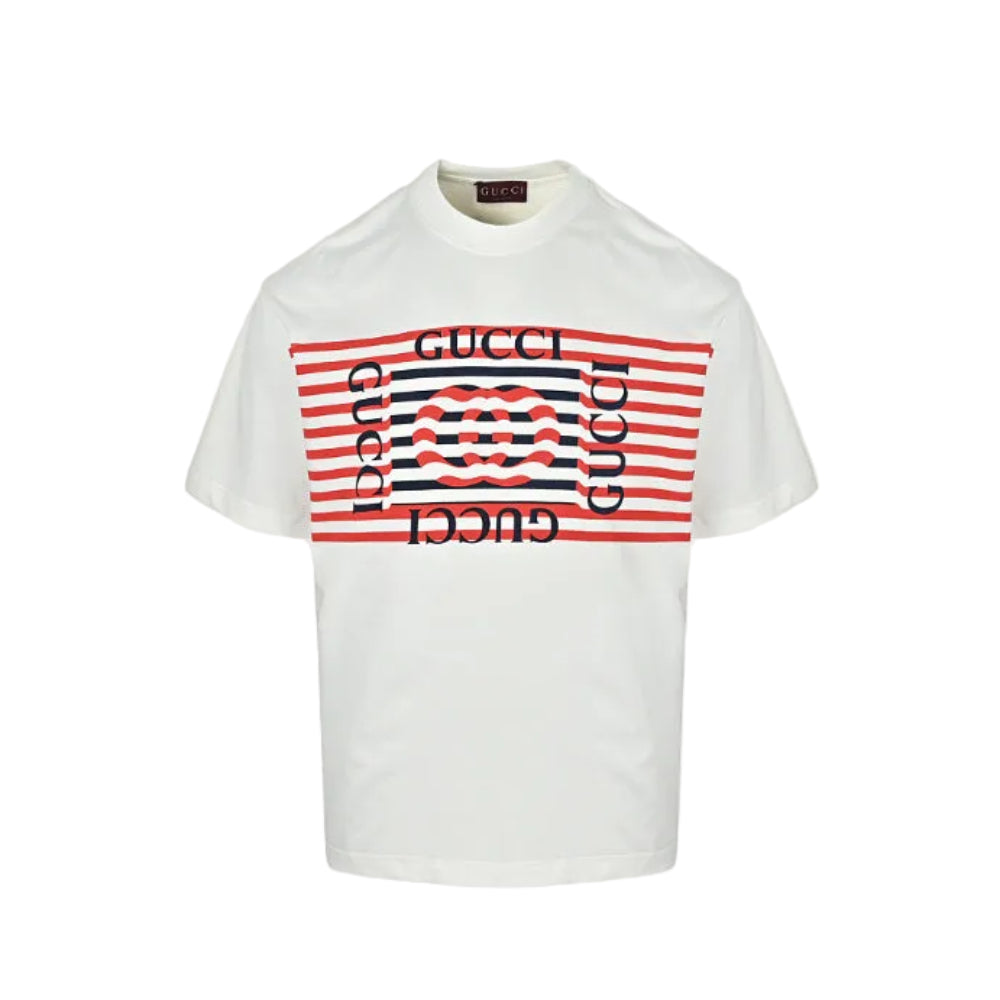 Gucci White Navy Stripe Monogram Wave Graphic Tee