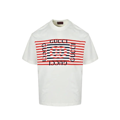 Gucci White Navy Stripe Monogram Wave Graphic Tee