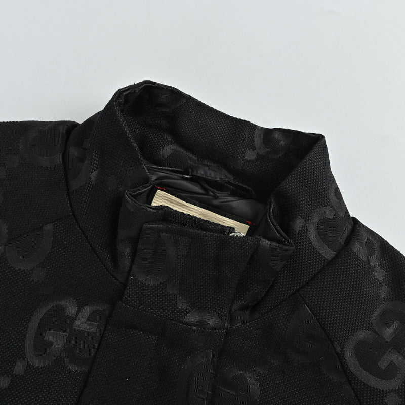 Gucci Black Monogram Jacquard Full-Zip Stand Collar Bomber Jacket