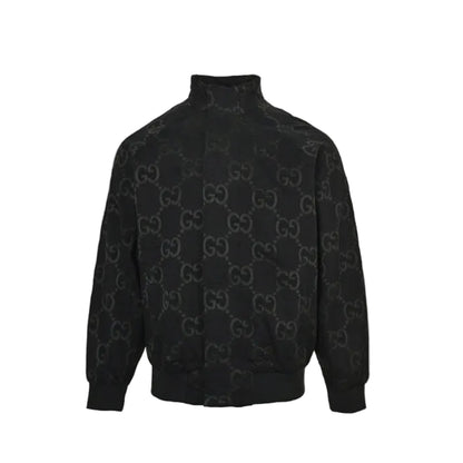 Gucci Black Monogram Jacquard Full-Zip Stand Collar Bomber Jacket