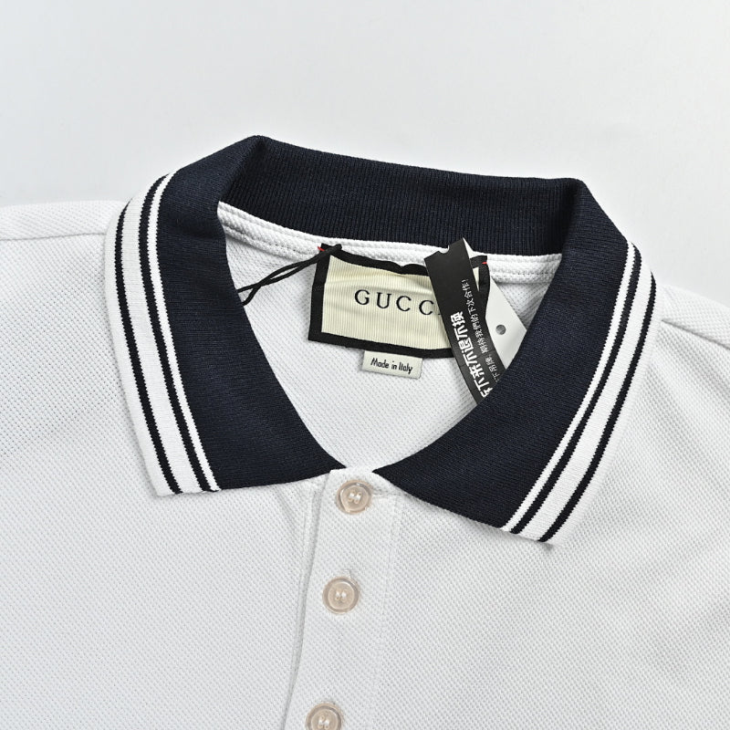 Gucci White Navy Tipped Collar GG Circle Badge Piqué Polo