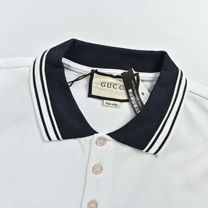 Gucci White Navy Tipped Collar GG Circle Badge Piqué Polo