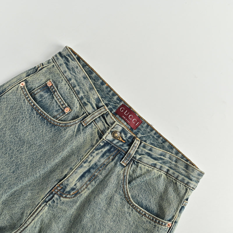 Gucci Light Blue Marble-Wash Straight Denim Pants