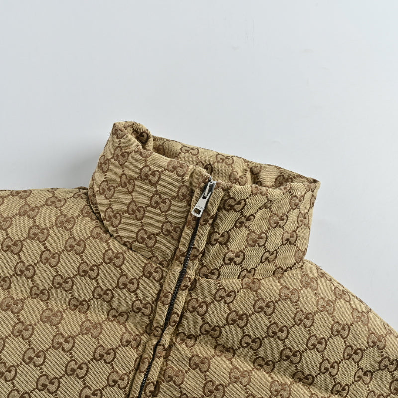 Gucci Beige GG Monogram Jacquard Padded Full-Zip Stand Collar Puffer Jacket