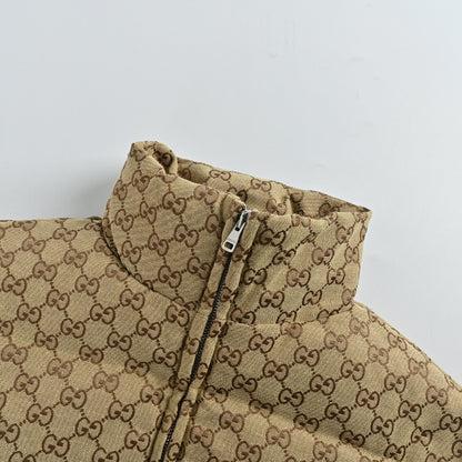 Gucci Beige GG Monogram Jacquard Padded Full-Zip Stand Collar Puffer Jacket