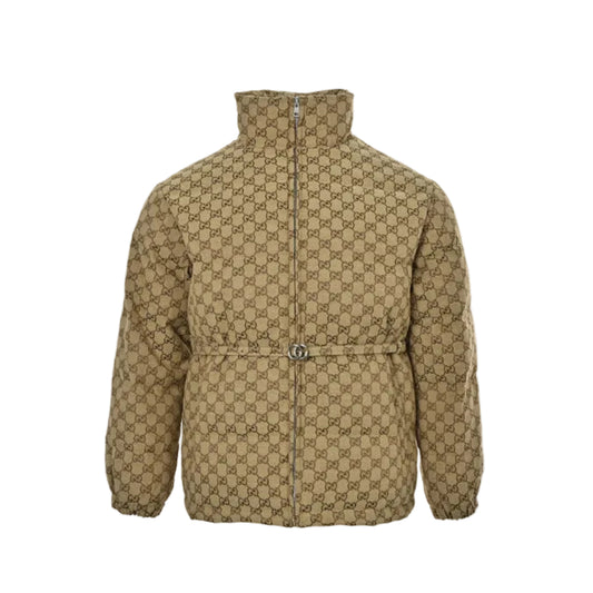 Gucci Beige GG Monogram Jacquard Padded Full-Zip Stand Collar Puffer Jacket