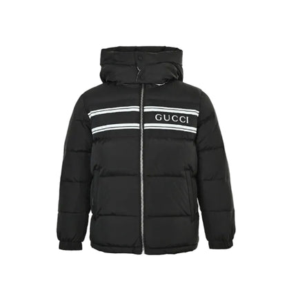 Gucci Black Down Puffer Hooded Jacket with Stripe Wordmark