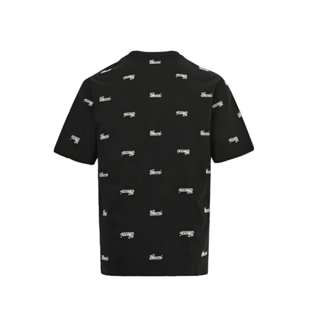 Gucci Black All-Over Script Logo Embroidered Heavyweight Tee