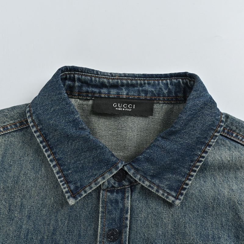 Gucci Mid-Blue Washed Denim Point Collar Overshirt