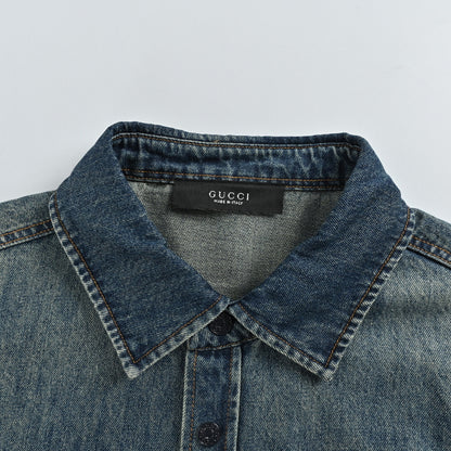 Gucci Mid-Blue Washed Denim Point Collar Overshirt