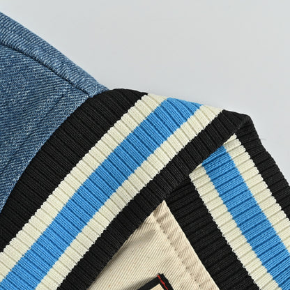 Gucci Blue Denim Varsity Jacket with Cream Leather Sleeves and Cherry Appliqué