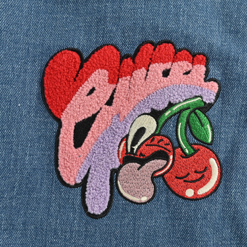 Gucci Blue Denim Varsity Jacket with Cream Leather Sleeves and Cherry Appliqué