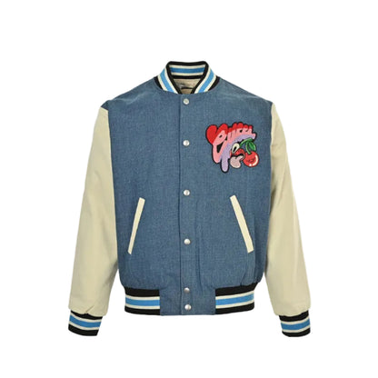 Gucci Blue Denim Varsity Jacket with Cream Leather Sleeves and Cherry Appliqué