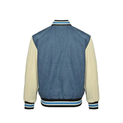Gucci Blue Denim Varsity Jacket with Cream Leather Sleeves and Cherry Appliqué