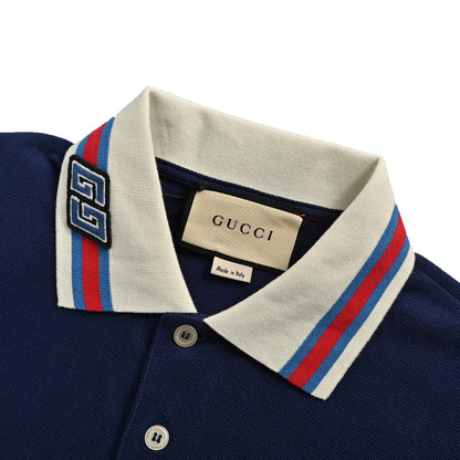Gucci Navy Piqué Contrast Collar GG Badge Embroidered Stripe Tipped Polo Shirt