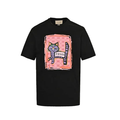 Gucci Black GG Monogram Frame Striped Cat Crayon Graphic Tee