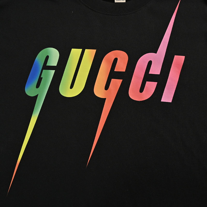 Gucci Black Rainbow Gradient Wordmark Lightning Bolt Heavyweight Tee