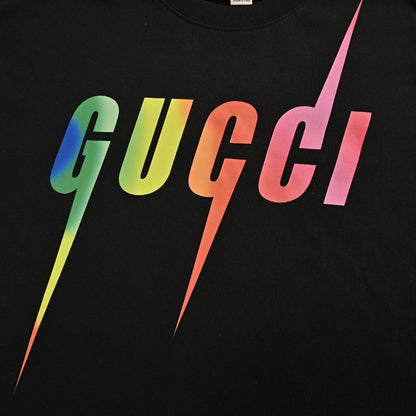 Gucci Black Rainbow Gradient Wordmark Lightning Bolt Heavyweight Tee
