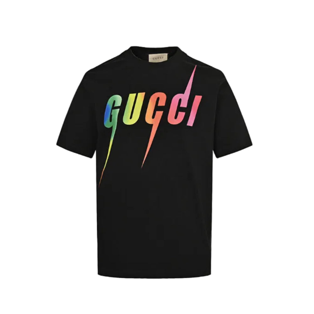 Gucci Black Rainbow Gradient Wordmark Lightning Bolt Heavyweight Tee