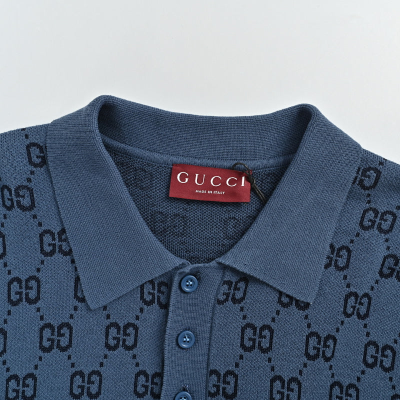 Gucci Steel Blue GG Jacquard Ombré Knit Polo