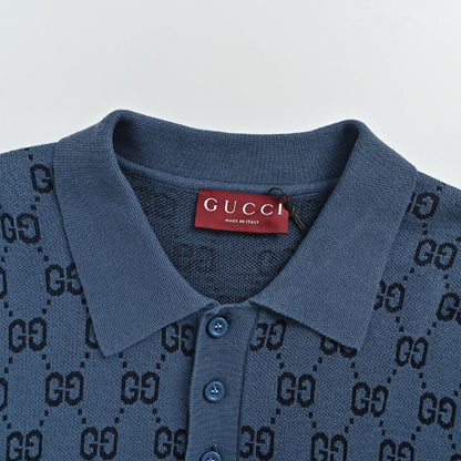 Gucci Steel Blue GG Jacquard Ombré Knit Polo