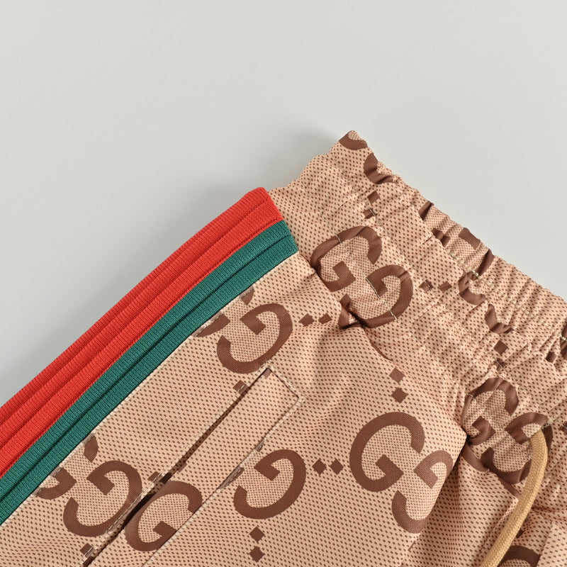 Gucci Beige Allover Monogram Mesh Jogger Pants with Dual-Stripe Detail