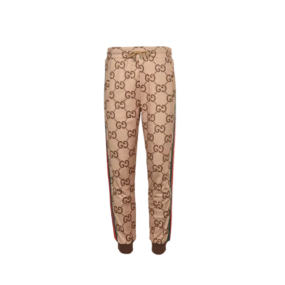 Gucci Beige Allover Monogram Mesh Jogger Pants with Dual-Stripe Detail
