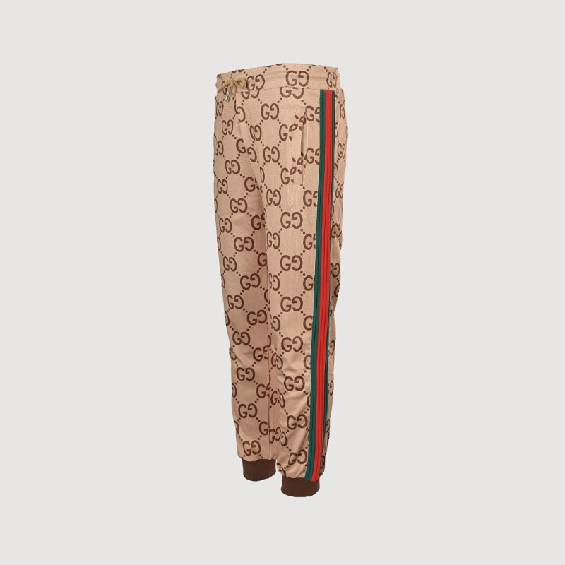 Gucci Beige Allover Monogram Mesh Jogger Pants with Dual-Stripe Detail