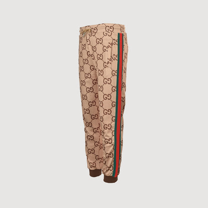 Gucci Beige Allover Monogram Mesh Jogger Pants with Dual-Stripe Detail