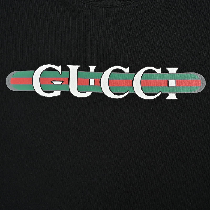Gucci Black Web Stripe Serif Wordmark Graphic Tee