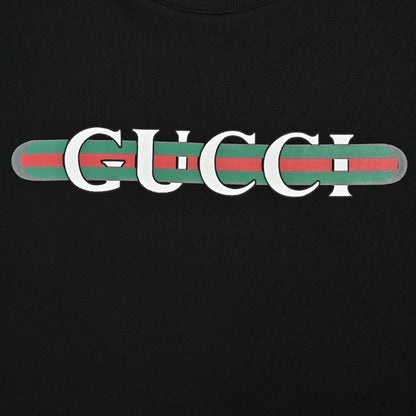 Gucci Black Web Stripe Serif Wordmark Graphic Tee