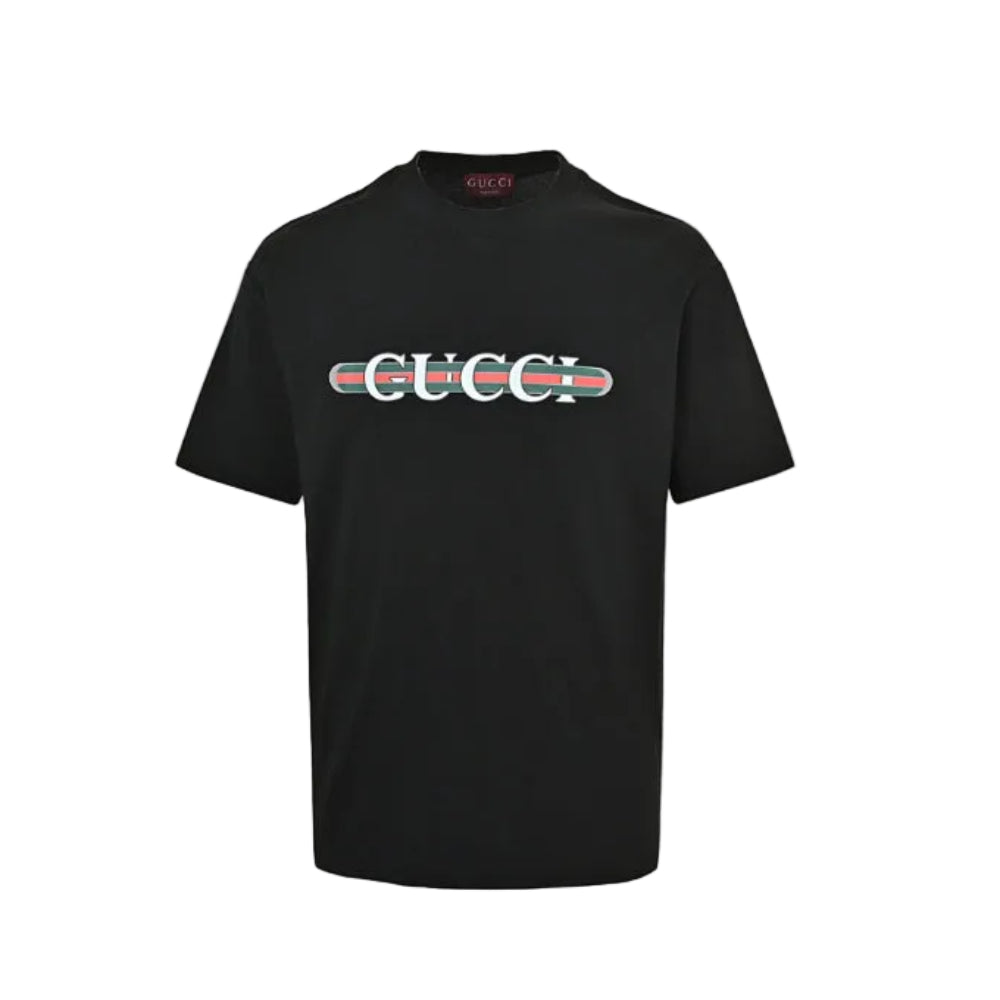 Gucci Black Web Stripe Serif Wordmark Graphic Tee