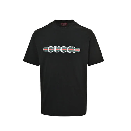 Gucci Black Web Stripe Serif Wordmark Graphic Tee