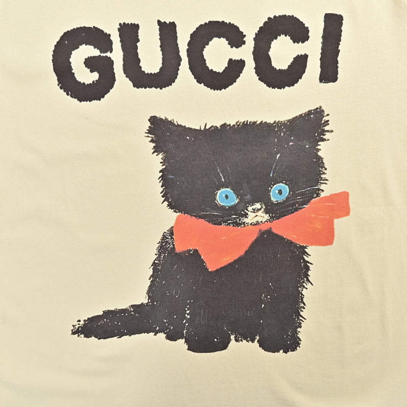 Gucci Butter Yellow Black Kitten Bow Brushstroke Graphic Tee